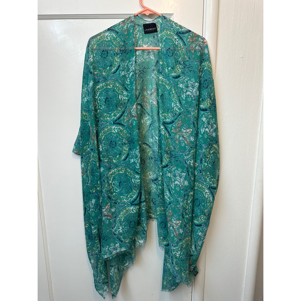 Lane Bryant Kimono Wrap Teal Green Medallion Paisley Sheer Fringed One Size